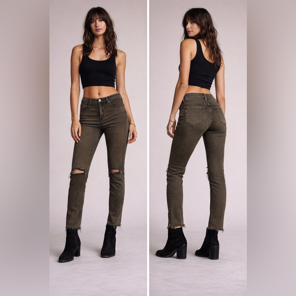 Free People Distressed Skinny Jeans Olive
Brown Frayed Hem Size 29 NWT
